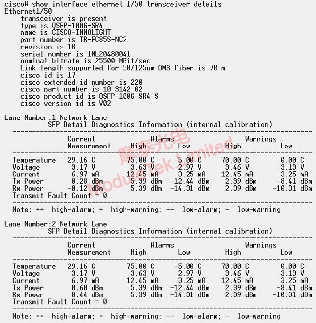 DOM information of CISCO QSFP-100G-SR4-S Optical Module on CISCO C93180YC-EX Switch