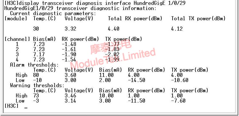 DOM information of H3C QSFP-40G-CSR-MM850 optical module on H3C S6850-56HF switch